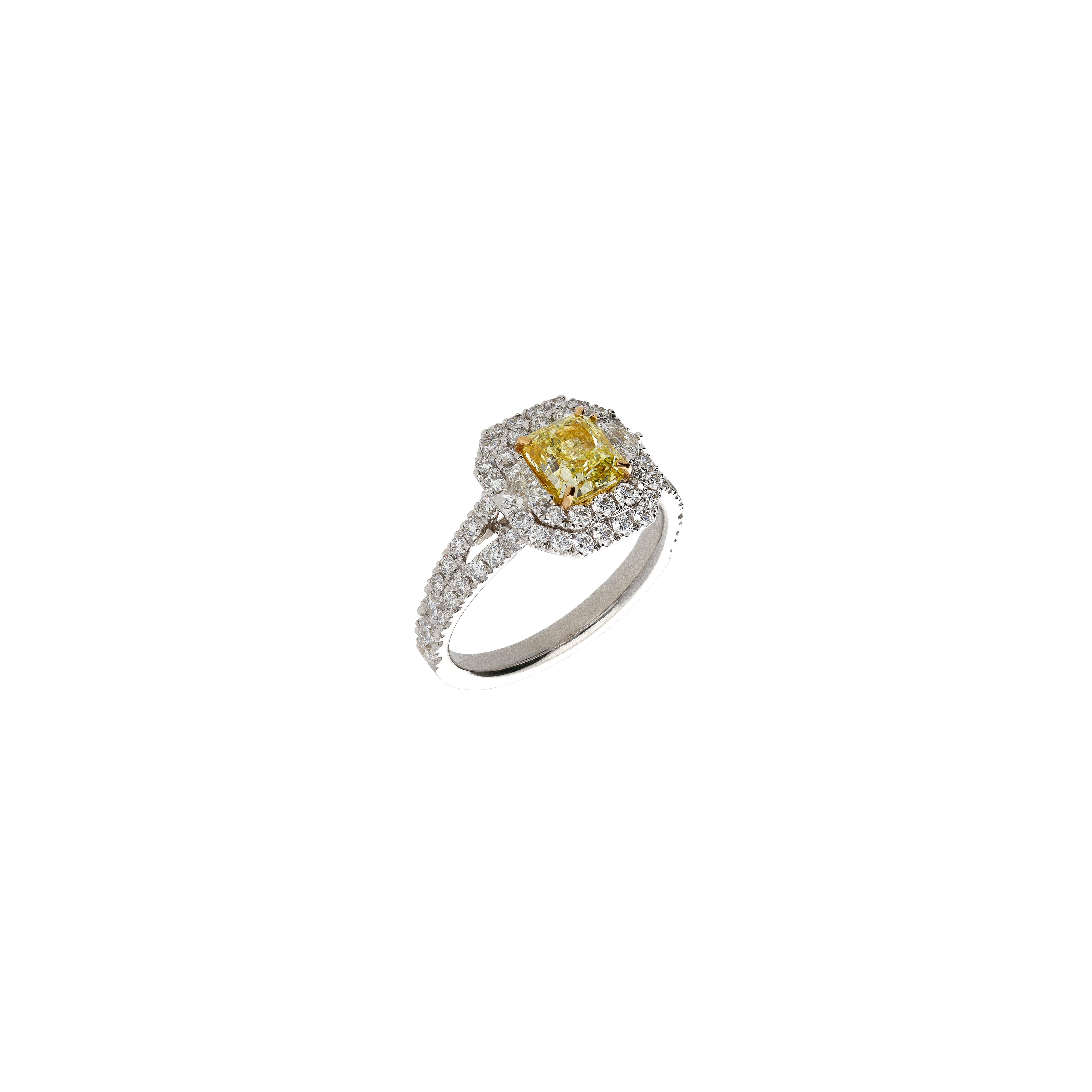 ANELLO IN ORO BIANCO CON DIAMANTE FANCY YELLOW CERTIFICATO GIA E DIAMANTI BIANCHI - 000-4982NS