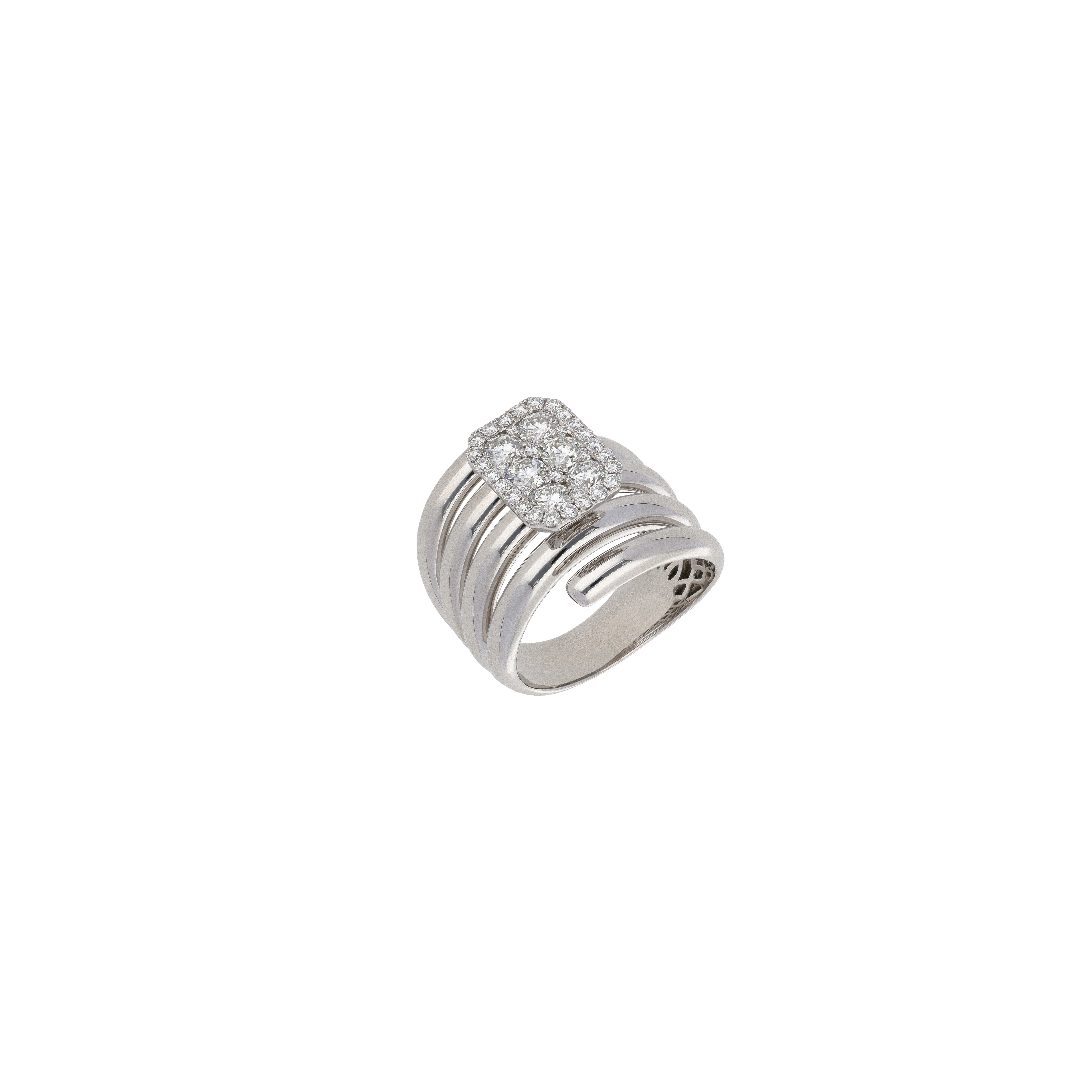 ANELLO FASCIA ALTA ORO BIANCO CON ELEMENTO CENTRALE IN PAVÉ DI DIAMANTI BIANCHI - 1AN0271660/3