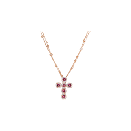 GIROCOLLO CON CROCE PENDENTE ORO ROSA DIAMANTI BIANCHI TAGLIO BRILLANTE E RODOLITE - 1GA0030898/1