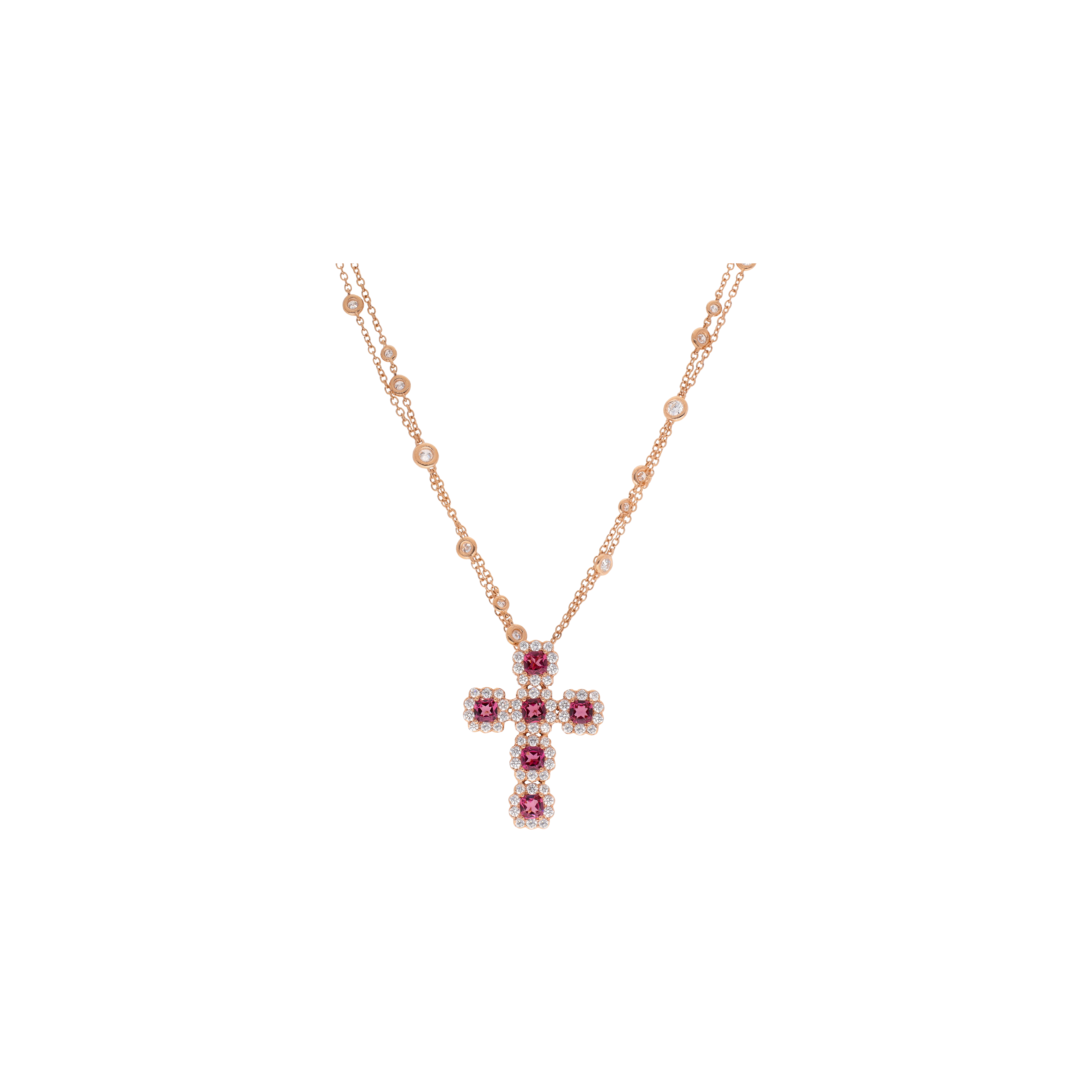 GIROCOLLO CON CROCE PENDENTE ORO ROSA DIAMANTI BIANCHI TAGLIO BRILLANTE E RODOLITE - 1GA0030898/1