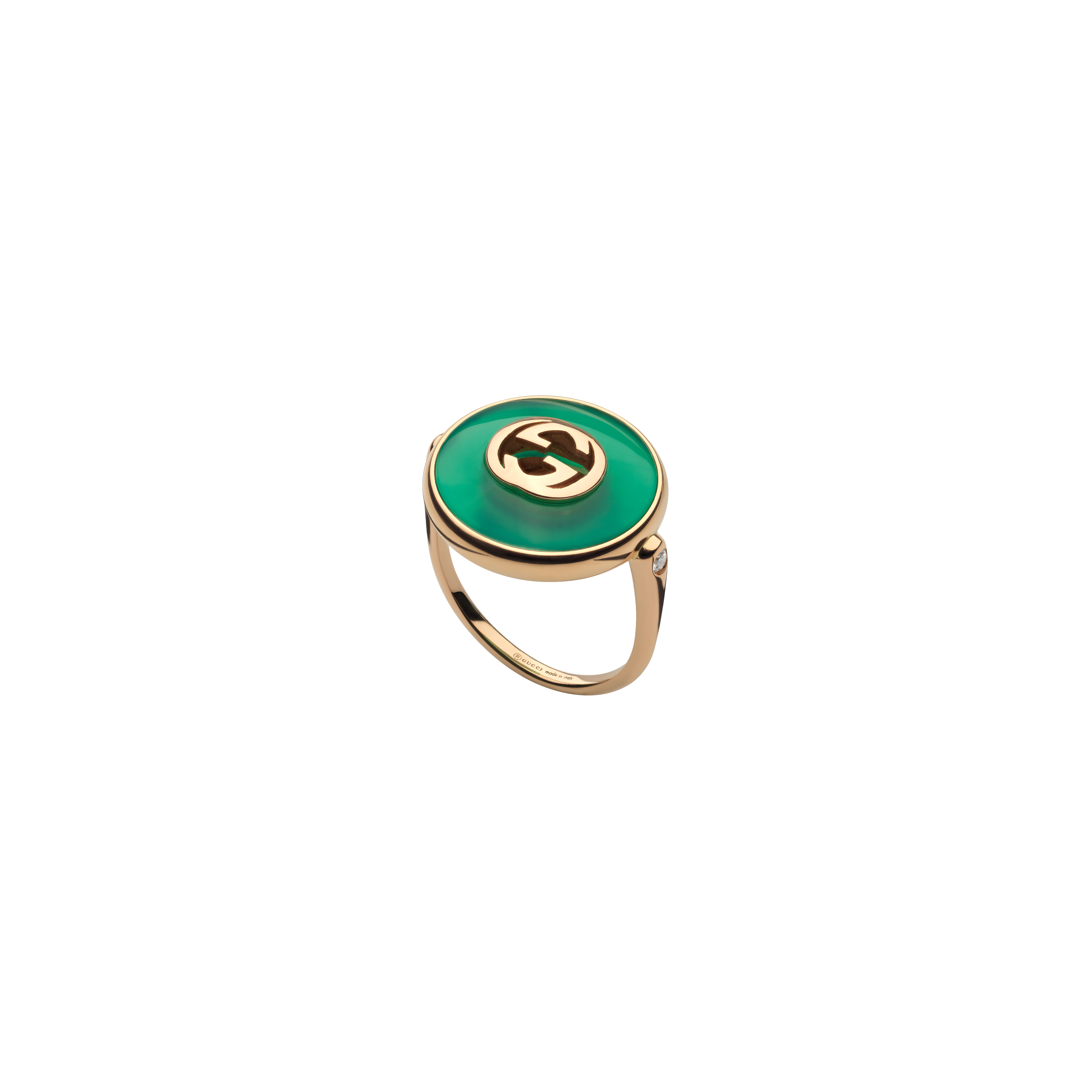 ANELLO GUCCI INTERLOCKING GRANDE IN ORO ROSA E AGATA VERDE - YBC786604002