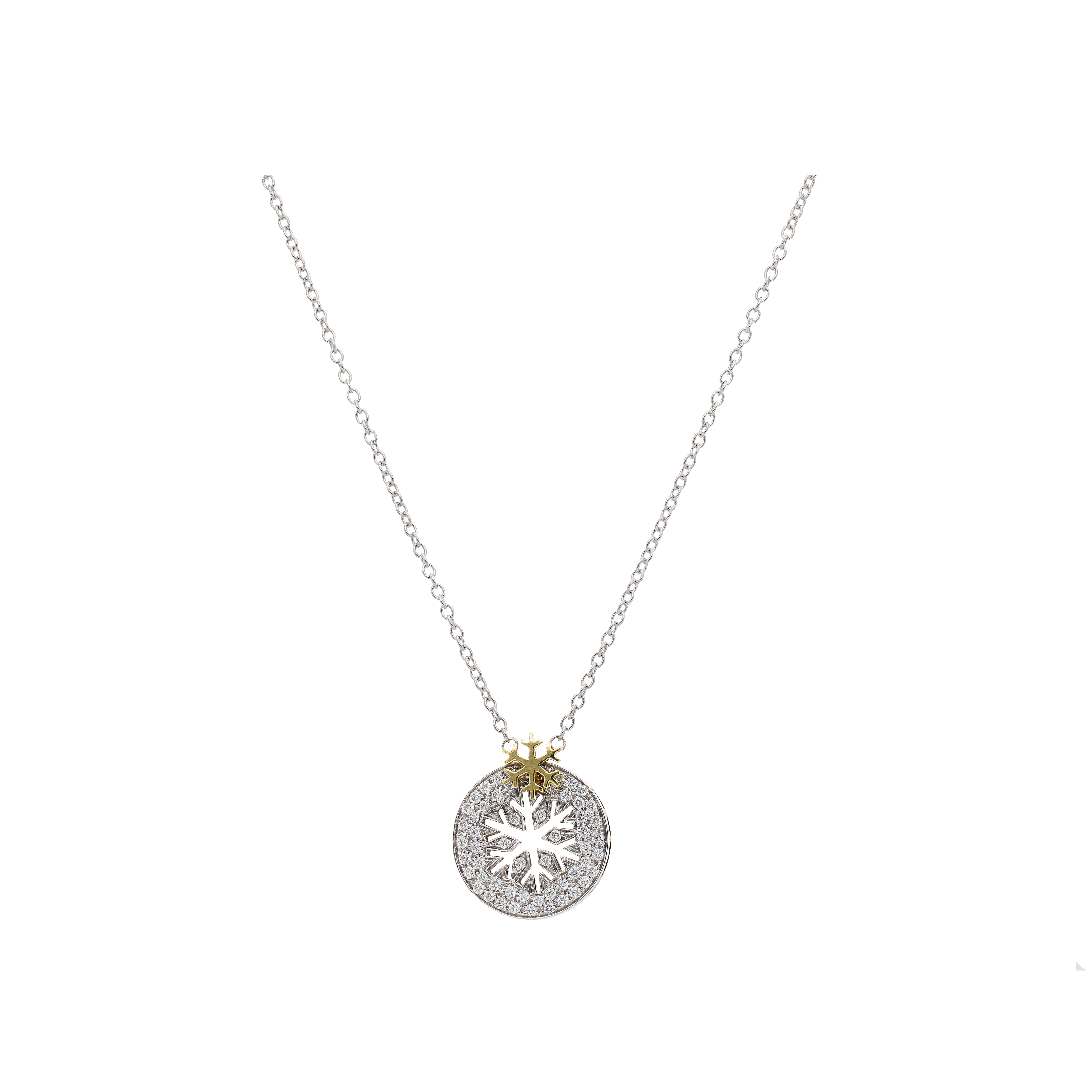 COLLANA FIOCCO DI NEVE IN ORO BIANCO E ORO GIALLO CON PENDENTE FIOCCO DI NEVE TRAFORATO IN PAVÉ DI DIAMANTI - BACO0057