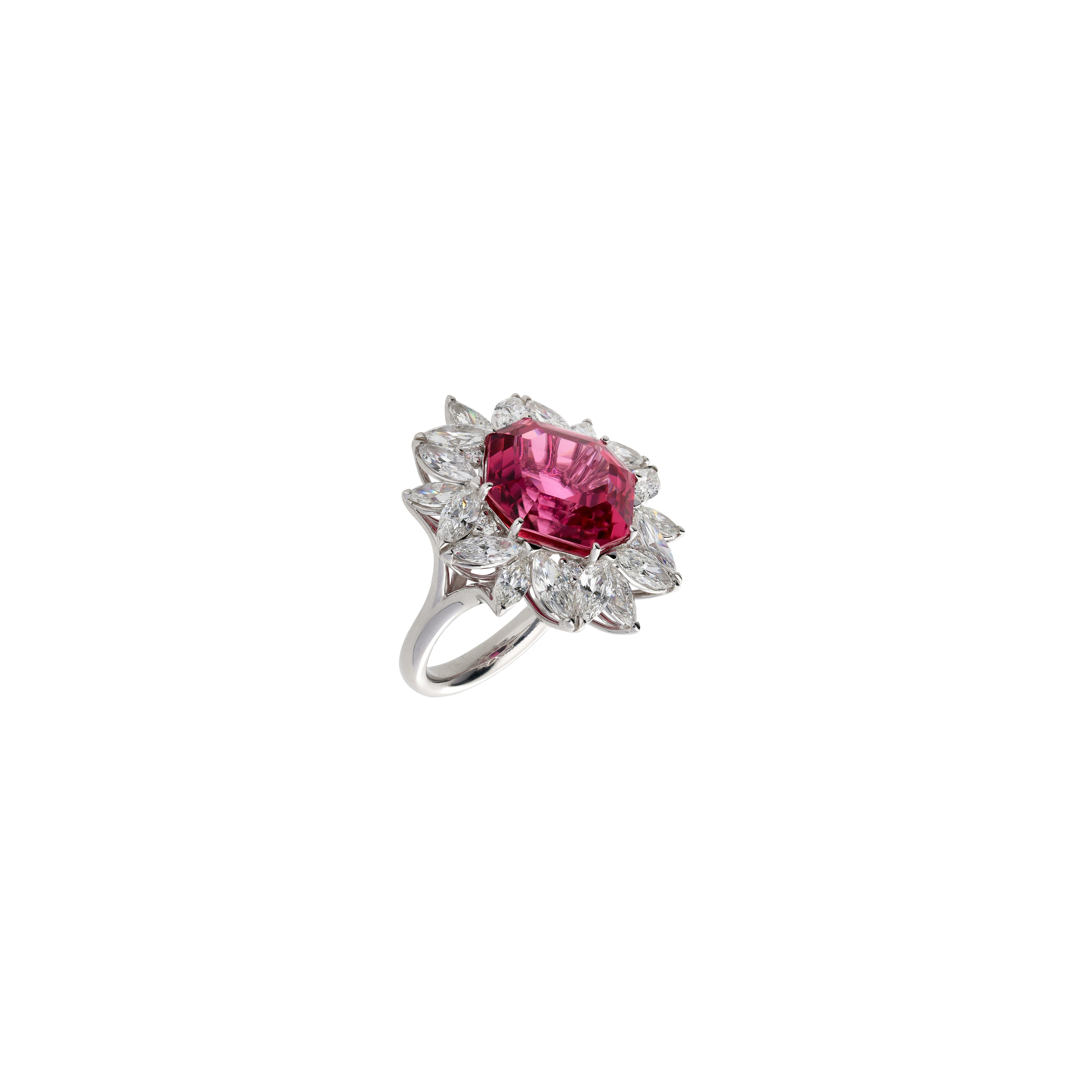 ANELLO FIORE GRANDE IN ORO BIANCO CON TORMALINA ROSA CERTIFICATA CDC DUNAIGRE E DIAMANTI - 159-C678