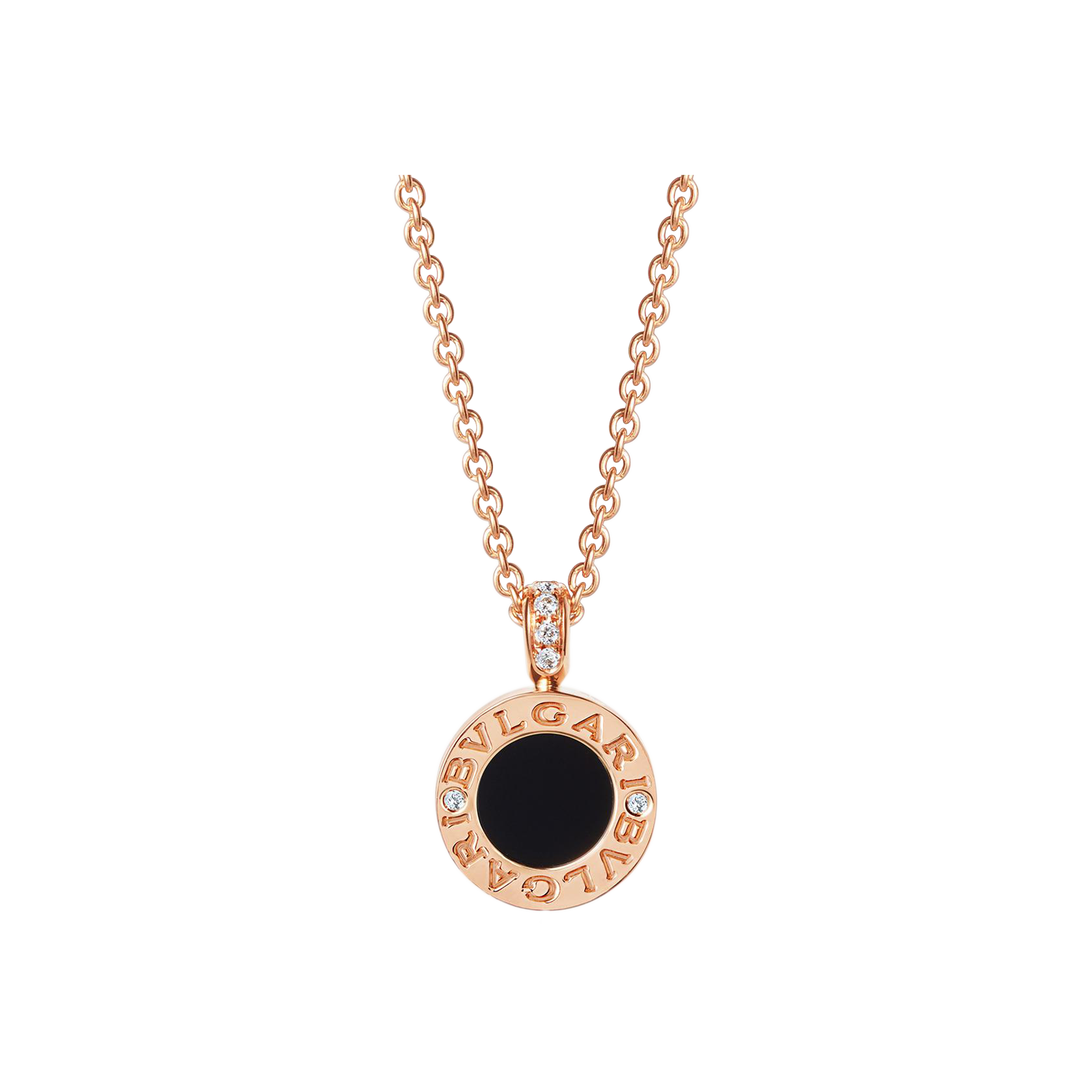 PENDENTE BVLGARI BVLGARI CON CATENA IN ORO ROSA 18 KT, MADREPERLA, ONICE E PAVE' DI DIAMANTI - LUNGHEZZA 39-44 CM