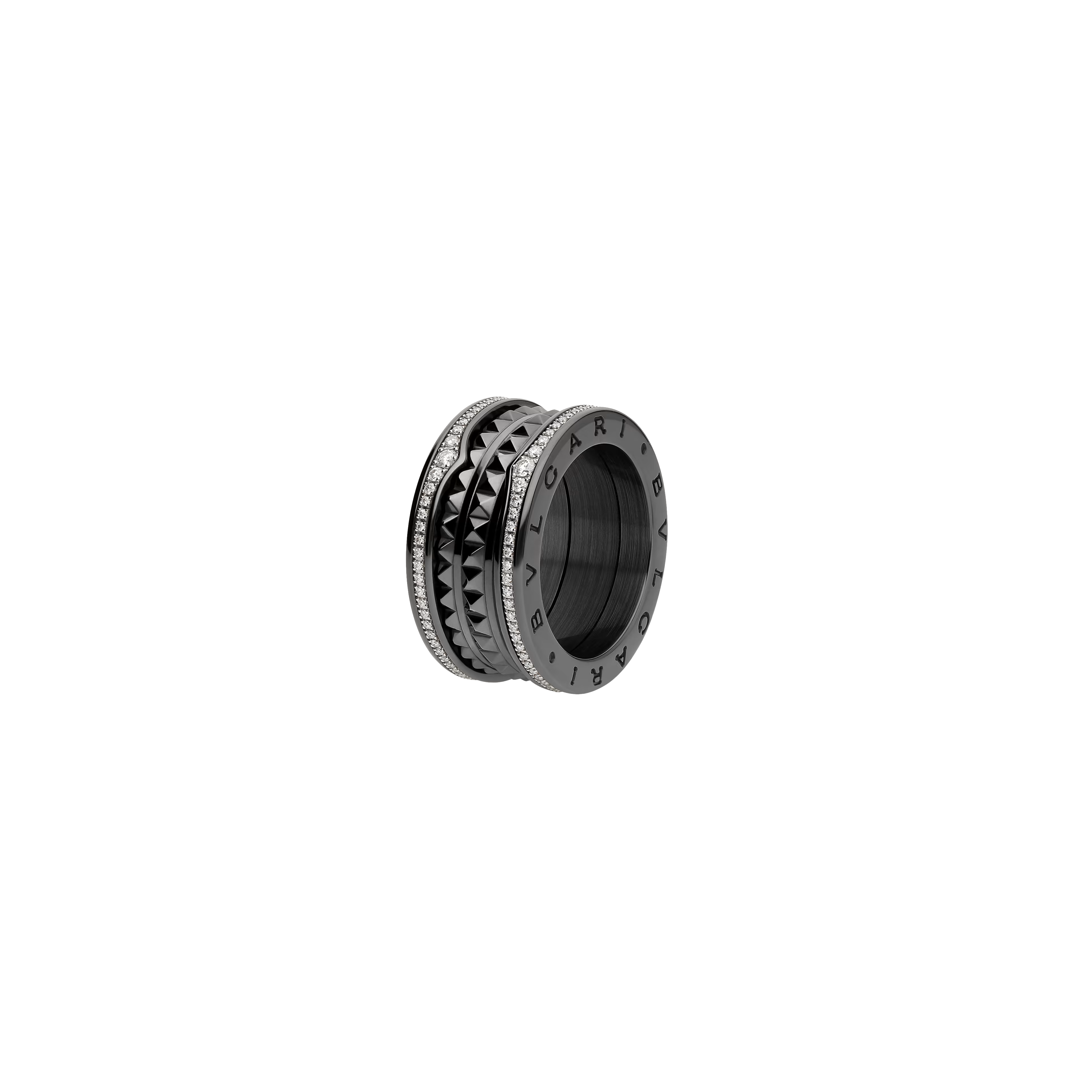 ANELLO B.ZERO1 ROCK A 4 FASCE IN CERAMICA NERA CON PAVÉ DI DIAMANTI E SPIRALE CON BORCHIE - AN859390