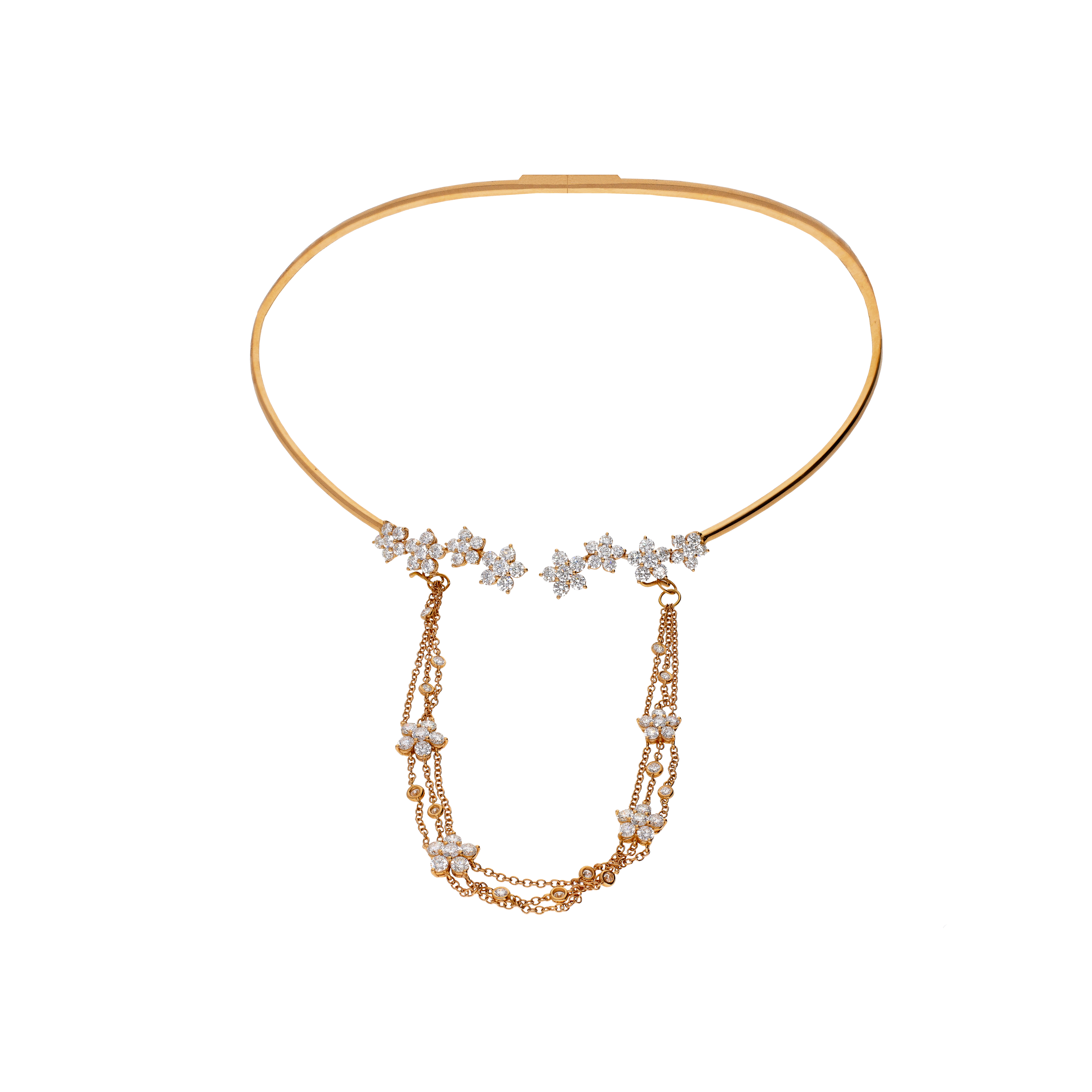 COLLANA RIGIDA IN ORO ROSA CON FIORI IN DIAMANTI E CATENE PENDENTI CON FIORI DIAMANTI - 1GA1790037/1/1