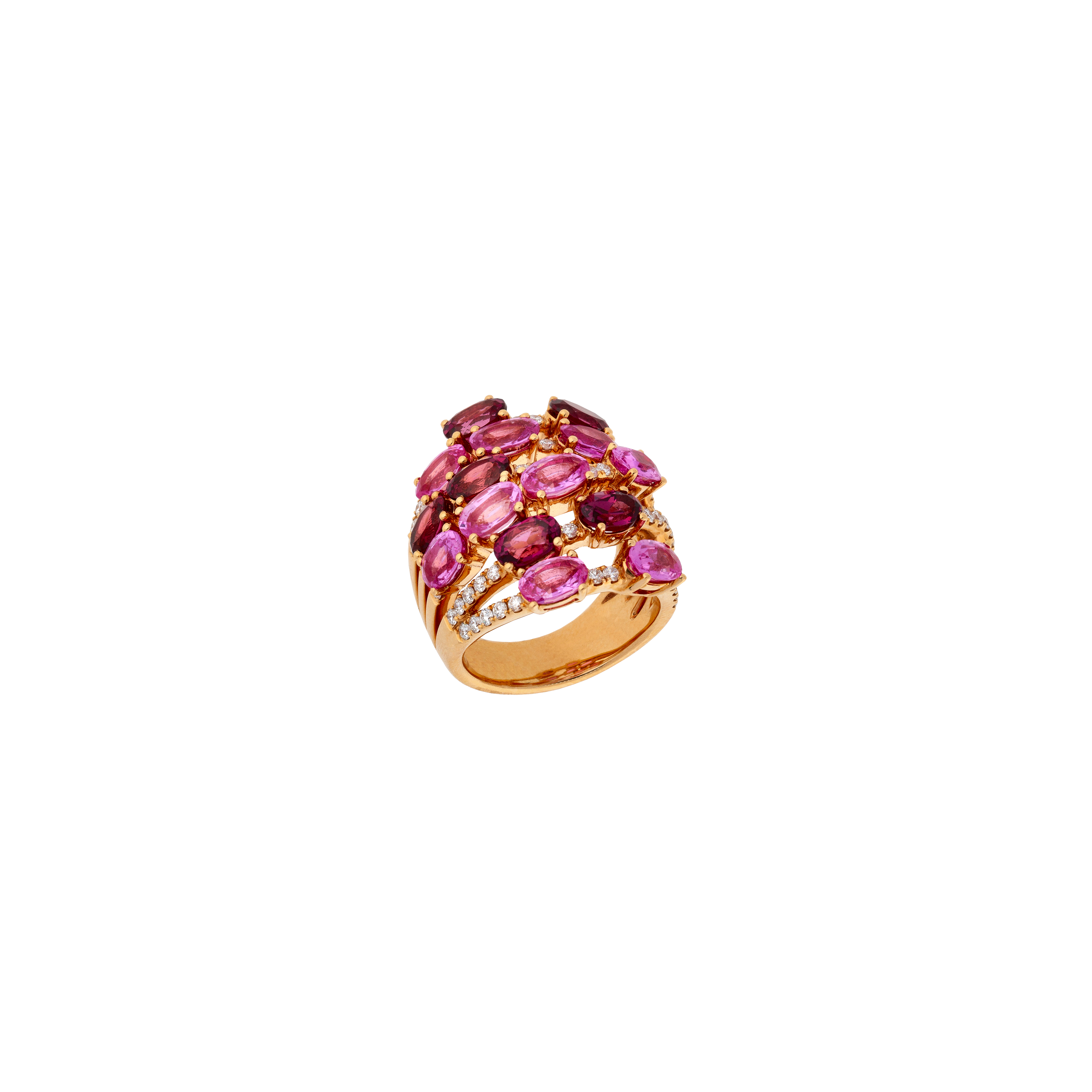 ANELLO IN ORO ROSA CON PAVÉ DI DIAMANTI E FANTASIA DI RODOLITE E ZAFFIRI ROSA - 1AN0271628/2