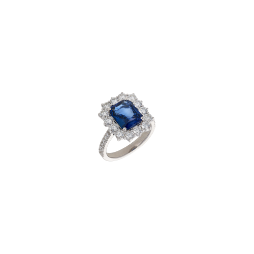 ANELLO IN ORO BIANCO CON ZAFFIRO BLU CERTIFICATO E DIAMANTI CONTORNO E DEMI-GAMBO - 326-CONT-AN