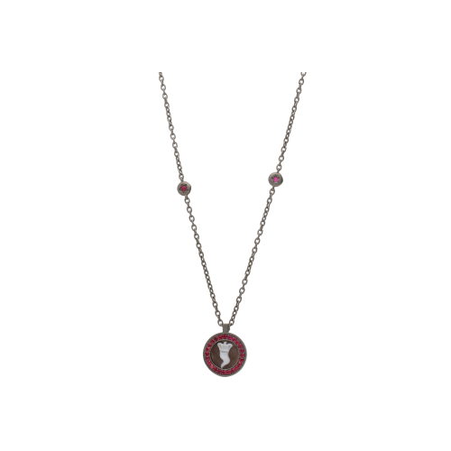 COLLANA IN TITANIO SABBIATO CON CIONDOLO CAMEO CORNETTO E CONTORNO RUBINI - SCO5LRUB