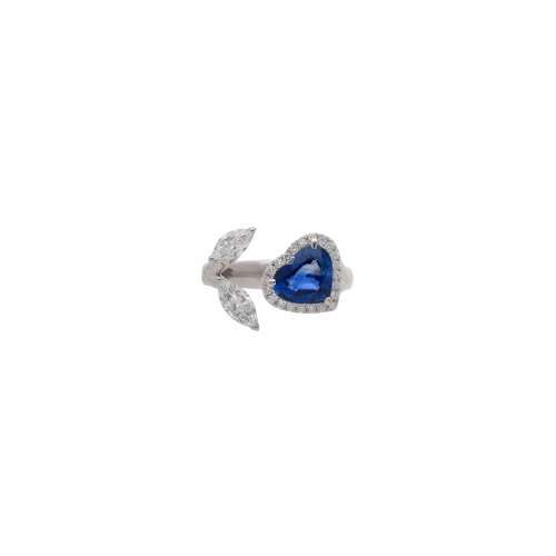 ANELLO APERTO IN ORO BIANCO CON ZAFFIRO BLU CUORE E DIAMANTI - 159-C525