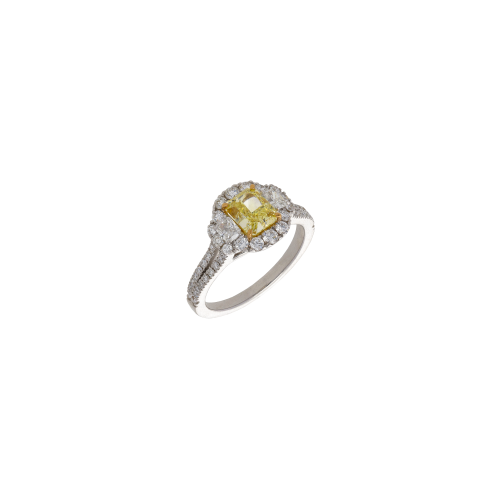 ANELLO SOLITARIO IN ORO BIANCO CON DIAMANTE FANCY YELLOW E PAVÉ DI DIAMANTI BIANCHI - 372-3497