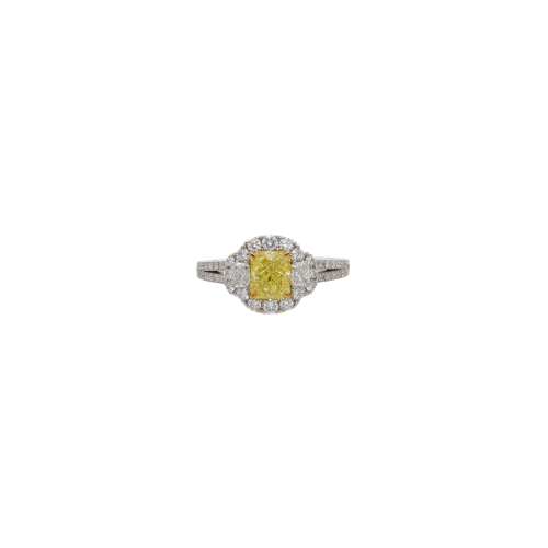 ANELLO SOLITARIO IN ORO BIANCO CON DIAMANTE FANCY YELLOW E PAVÉ DI DIAMANTI BIANCHI - 372-3497