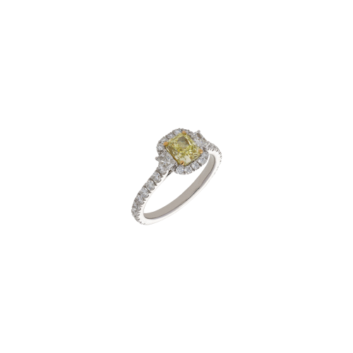 ANELLO SOLITARIO IN ORO BIANCO CON DIAMANTE FANCY YELLOW E PAVÉ DI DIAMANTI BIANCHI - 000-4935-326