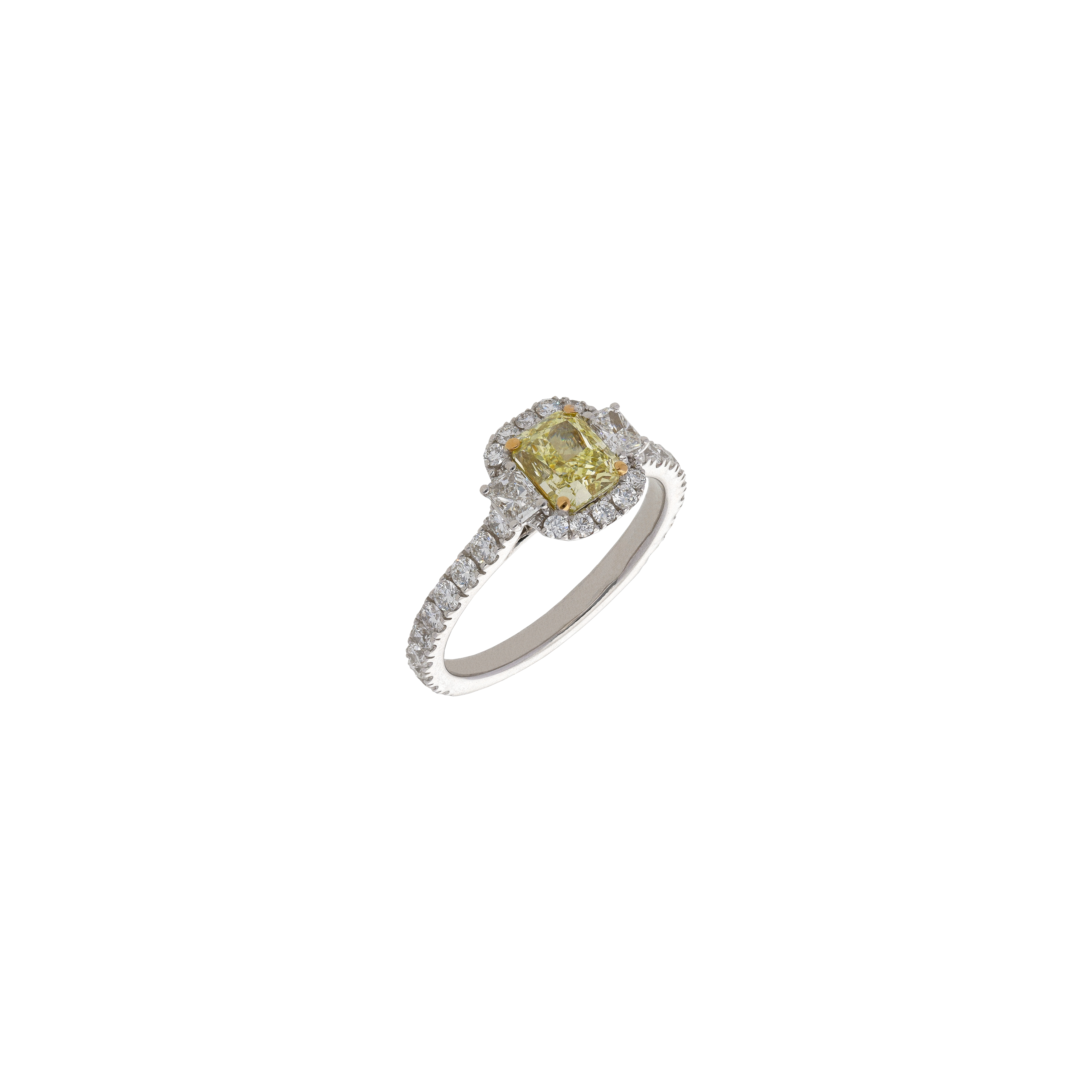 ANELLO SOLITARIO IN ORO BIANCO CON DIAMANTE FANCY YELLOW E PAVÉ DI DIAMANTI BIANCHI - 000-4935-326