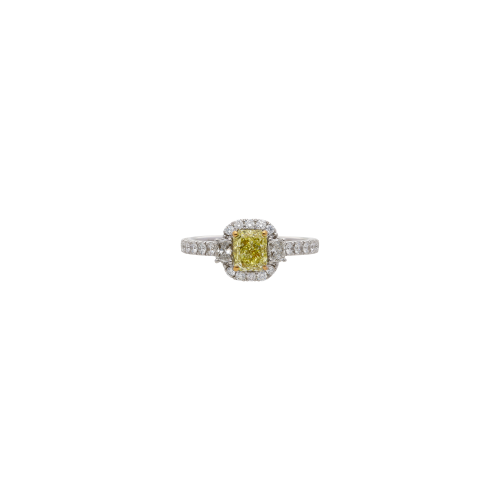 ANELLO SOLITARIO IN ORO BIANCO CON DIAMANTE FANCY YELLOW E PAVÉ DI DIAMANTI BIANCHI - 000-4935-326