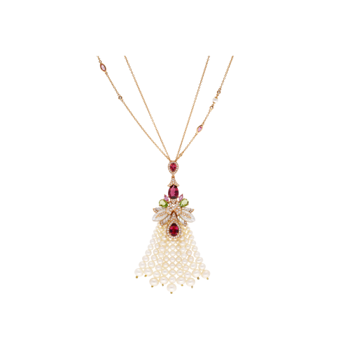 COLLANA PENDENTE IN ORO ROSA CON CASCATA DI PERLE, DIAMANTI, PERIDOTO, TORMALINA ROSA E MADREPERLA - QNKG04036DSPMPPDPTPLP