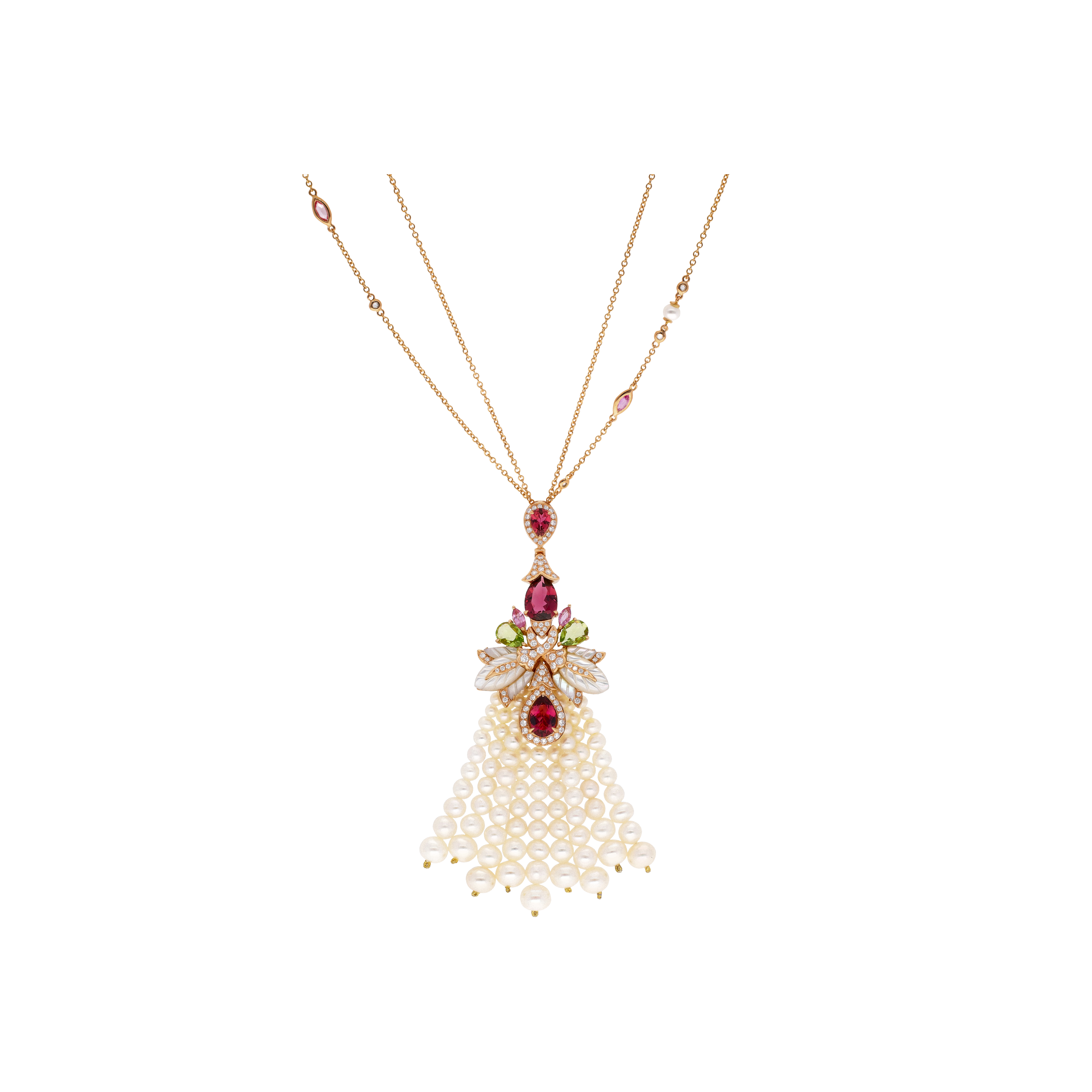 COLLANA PENDENTE IN ORO ROSA CON CASCATA DI PERLE, DIAMANTI, PERIDOTO, TORMALINA ROSA E MADREPERLA - QNKG04036DSPMPPDPTPLP