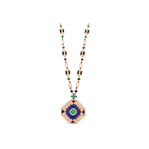 COLLANA  PENDENTE GEOMETRICA IN ORO ROSA CON PAVÉ DI DIAMANTI, SMERALDI, LAPISLAZZULI, ZAFFIRI BLU E ONICE - QNKG03546DEMSBLAOXP