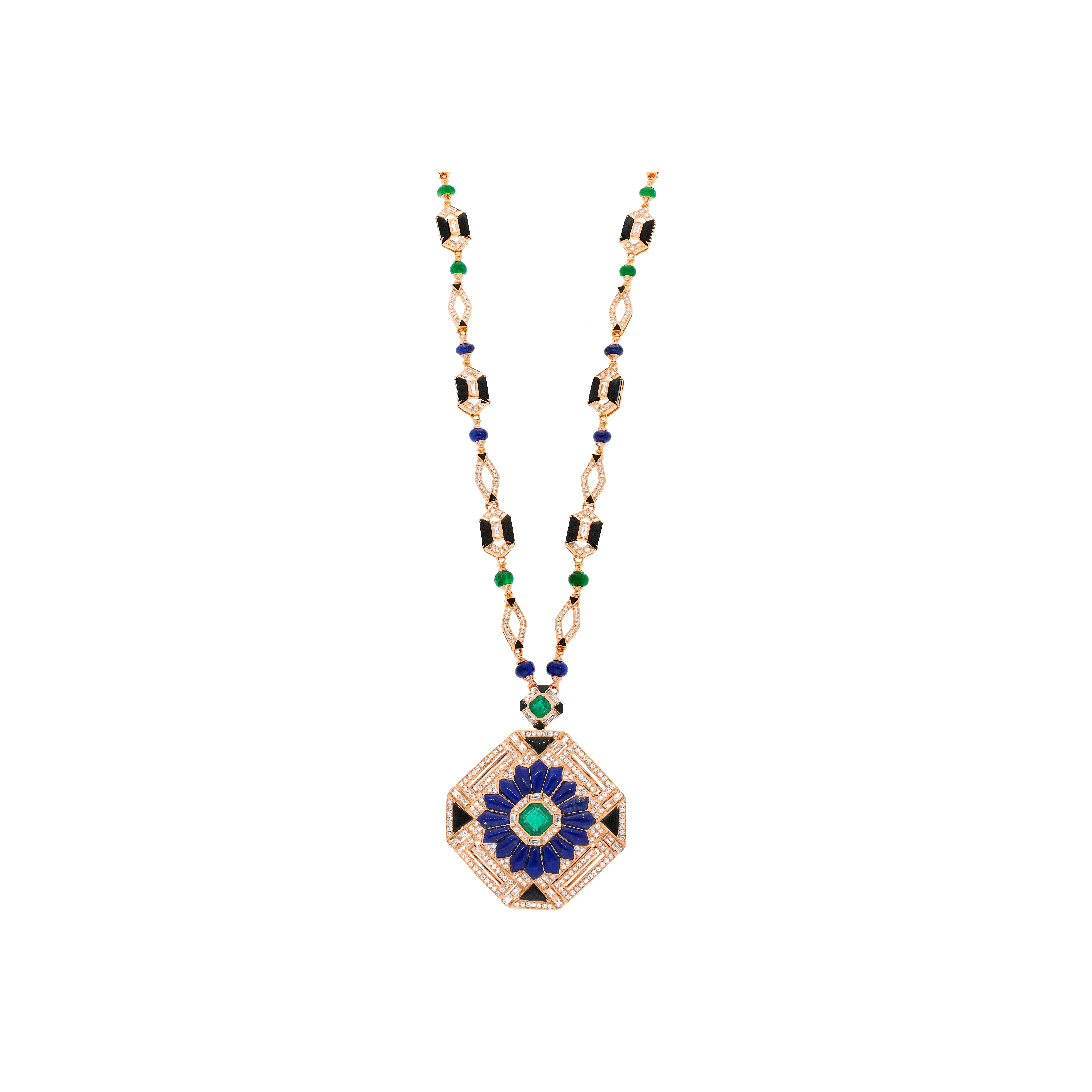 COLLANA  PENDENTE GEOMETRICA IN ORO ROSA CON PAVÉ DI DIAMANTI, SMERALDI, LAPISLAZZULI, ZAFFIRI BLU E ONICE - QNKG03546DEMSBLAOXP