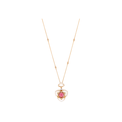 COLLANA PENDENTE IN ORO ROSA CON TOMALINA ROSA, DIAMANTI E MADREPERLA - QNKG04095DMPPTP