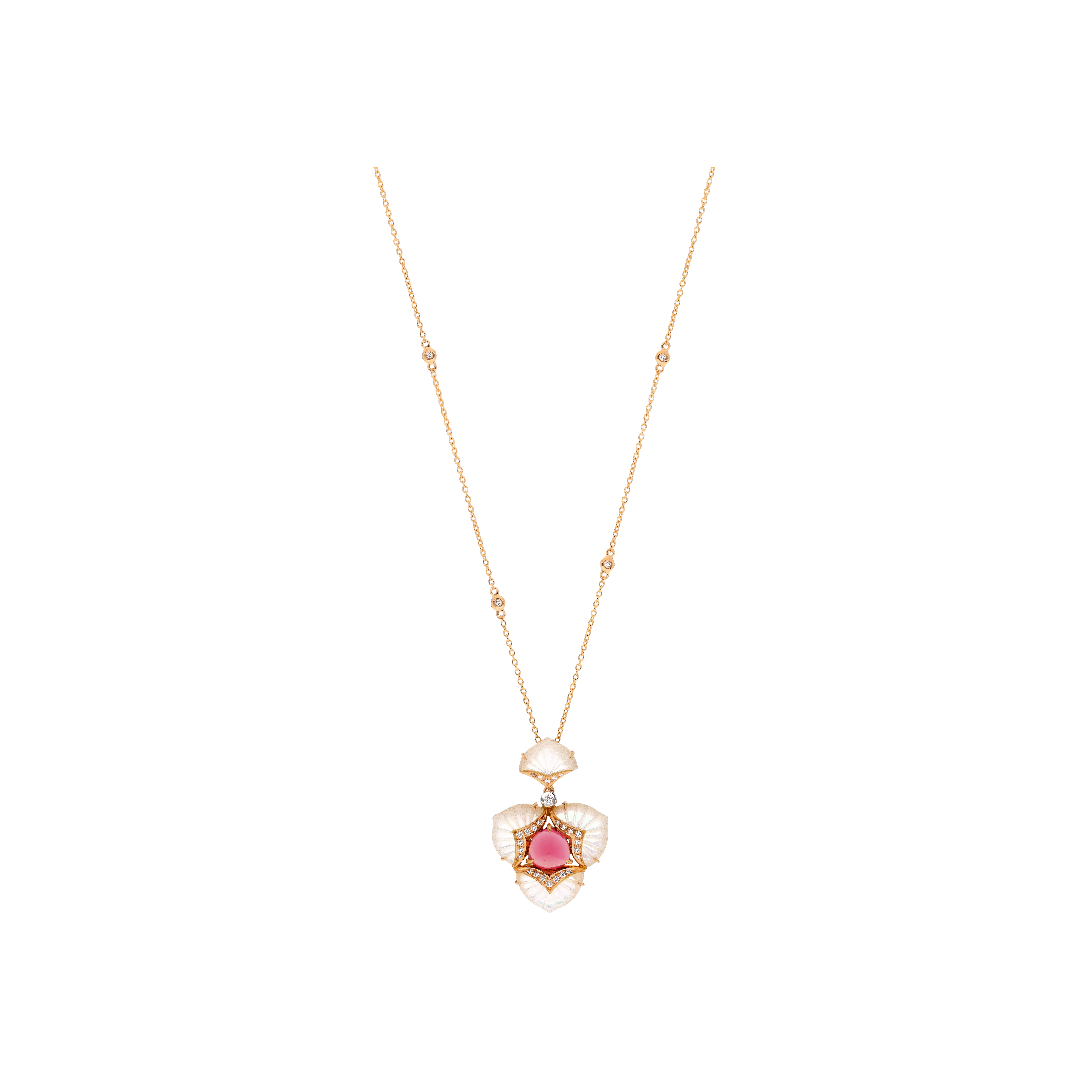 COLLANA PENDENTE IN ORO ROSA CON TOMALINA ROSA, DIAMANTI E MADREPERLA - QNKG04095DMPPTP