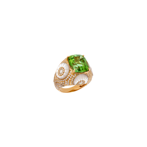 ANELLO BOMBATO IN ORO ROSA CON TORMALINA VERDE CERTIFICATA, PAVÉ DI DIAMANTI E MADREPERLA - QRKG01743DMPGTP