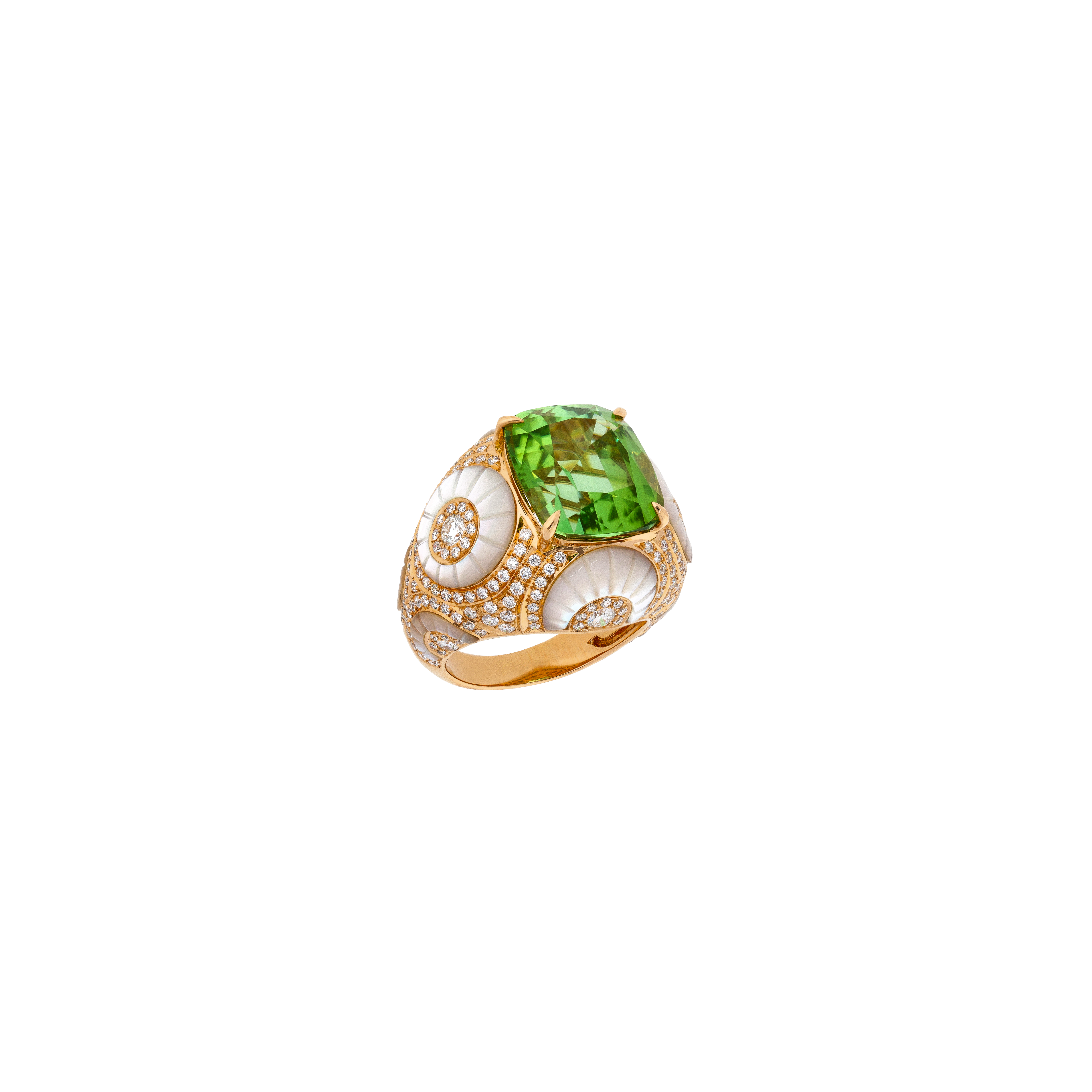 ANELLO BOMBATO IN ORO ROSA CON TORMALINA VERDE CERTIFICATA, PAVÉ DI DIAMANTI E MADREPERLA - QRKG01743DMPGTP