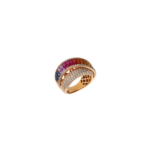 ANELLO RAINBOW A FASCE IN ORO ROSA CON PAVÉ DI DIAMANTI E ZAFFIRI MULTICOLOR - AR3330/MS