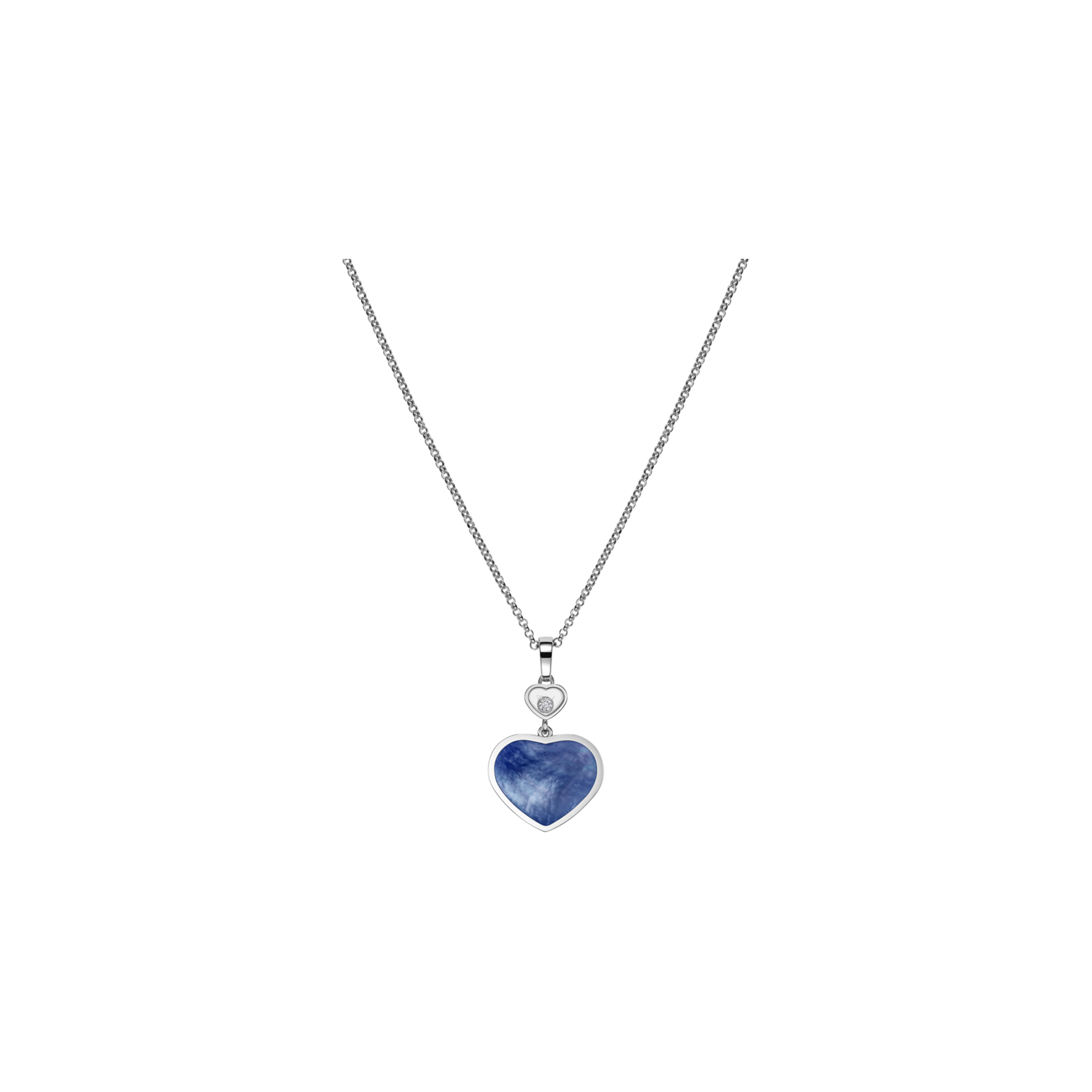 CHOPARD - COLLANA HAPPY HEARTS, ORO BIANCO ETICO, DIAMANTI, MADREPERLA BLUE - 797482-1350