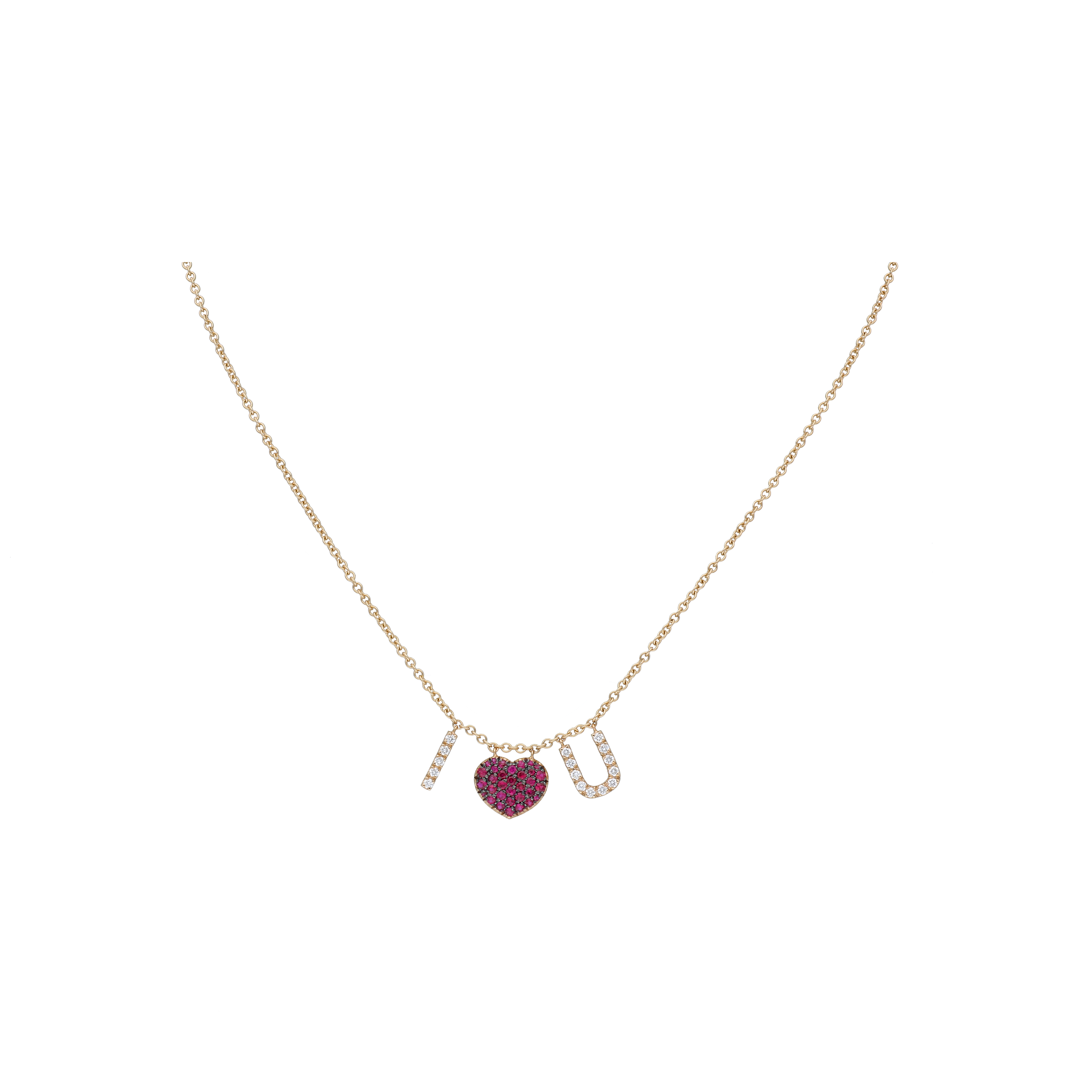 COLLANA GIROCOLLO IN ORO ROSA CON LETTERE PENDENTI "I LOVE U" CON DIAMANTI BIANCHI E RUBINI