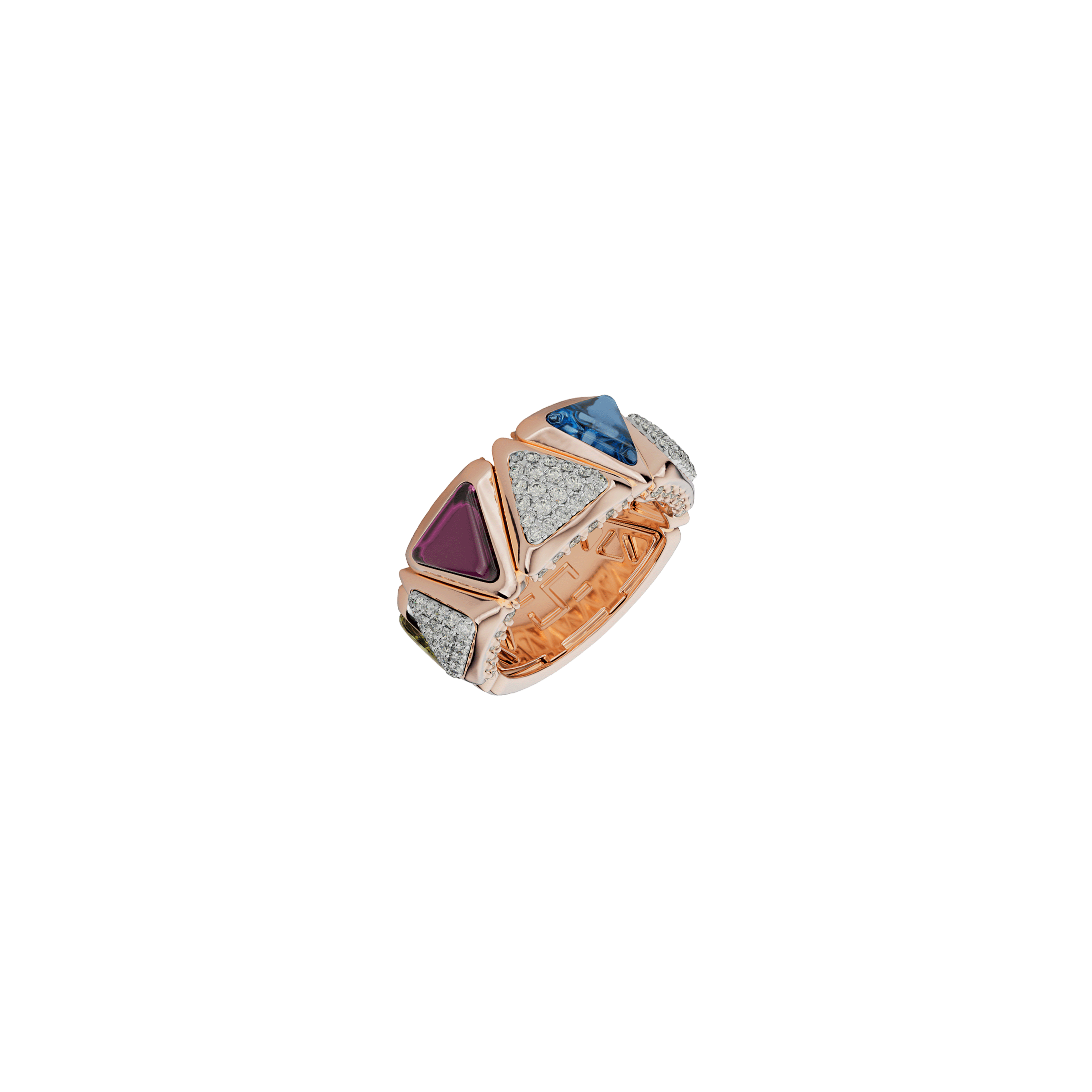 ANELLO ORO ROSA RODOLITE TOPAZIO AZZURRO TORMALINA VERDE E TRIANGOLI IN PAVÈ DI DIAMANTI - RG7-T-PK-24-16-13-01 - RG7-T-PK-24-16-13-01