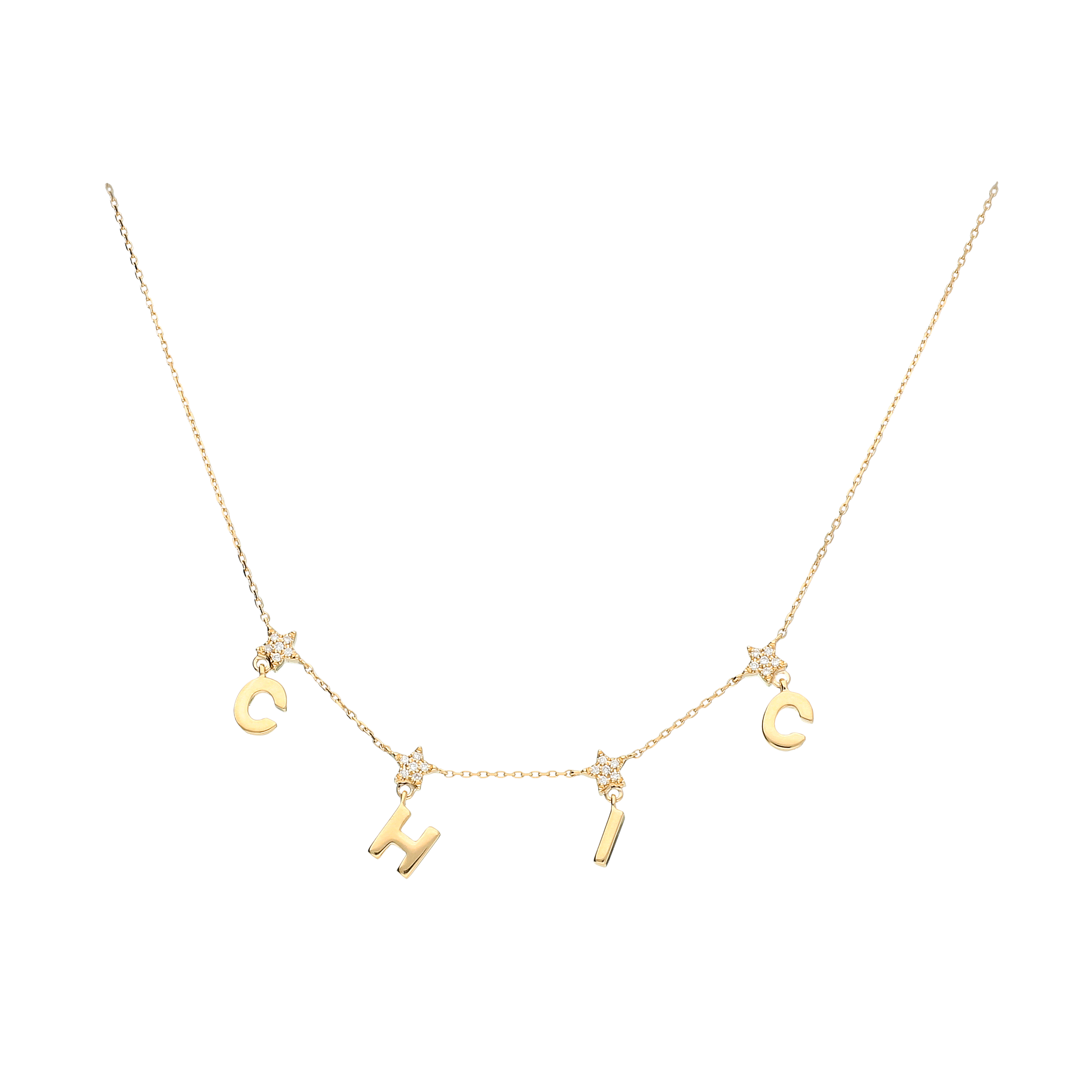 CHIC - Collana girocollo in oro rosa con lettere pendenti e stelline con diamanti bianchi - VN27266DP