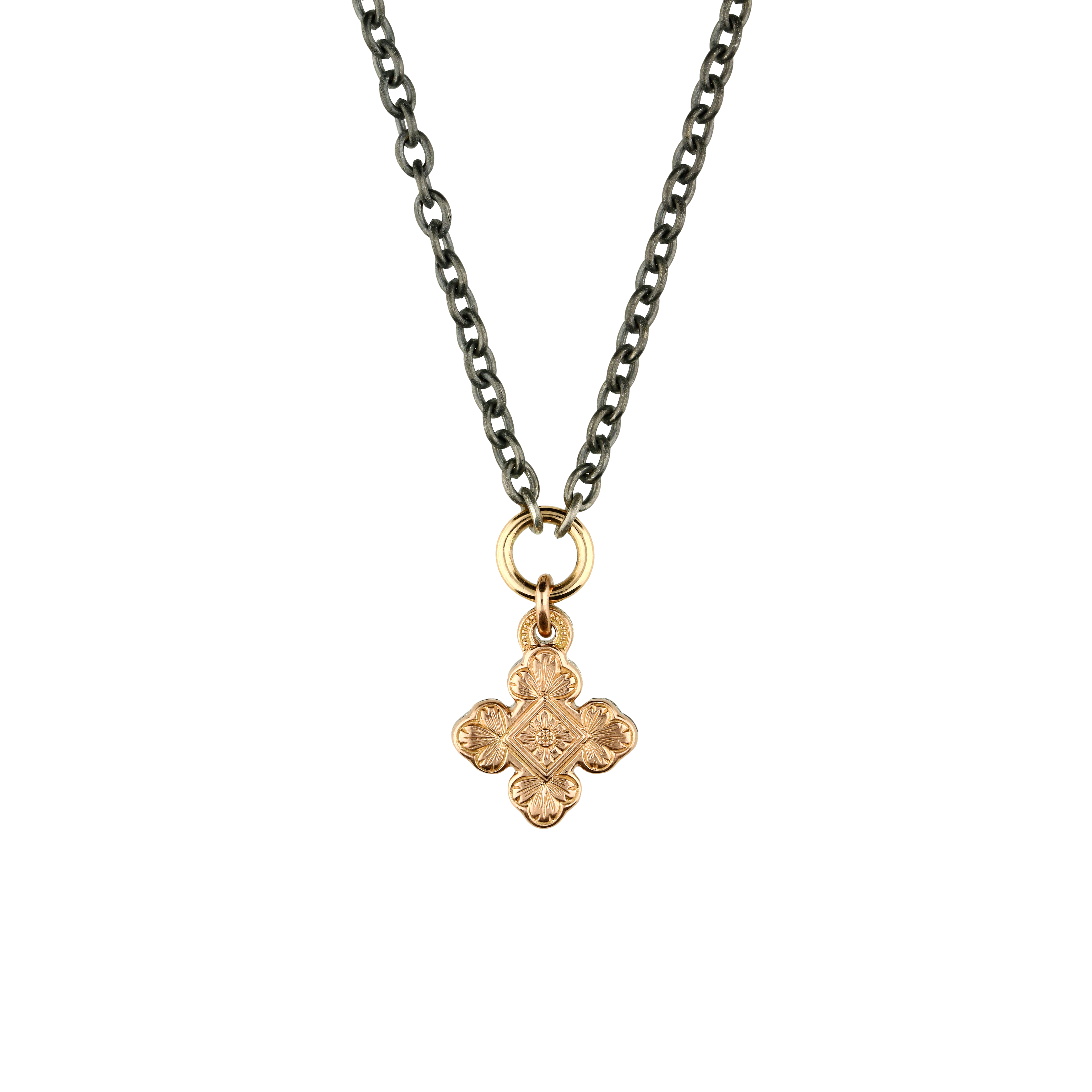 Collana con ciondolo croce in oro brunito , diamanti neri e rubini naturali - VP25819DKRUX09