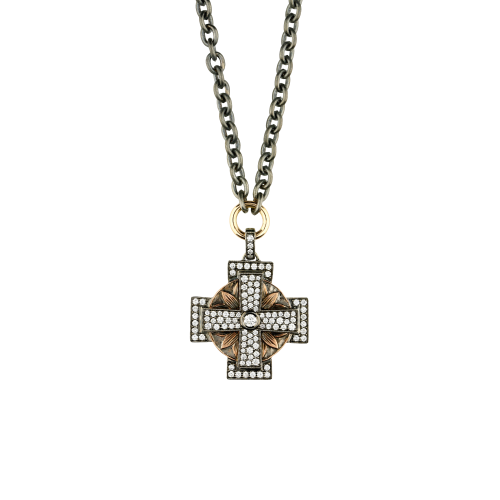 Collana in argento nero con ciondolo croce in oro rosa e diamanti bianchi - VP26538DX09