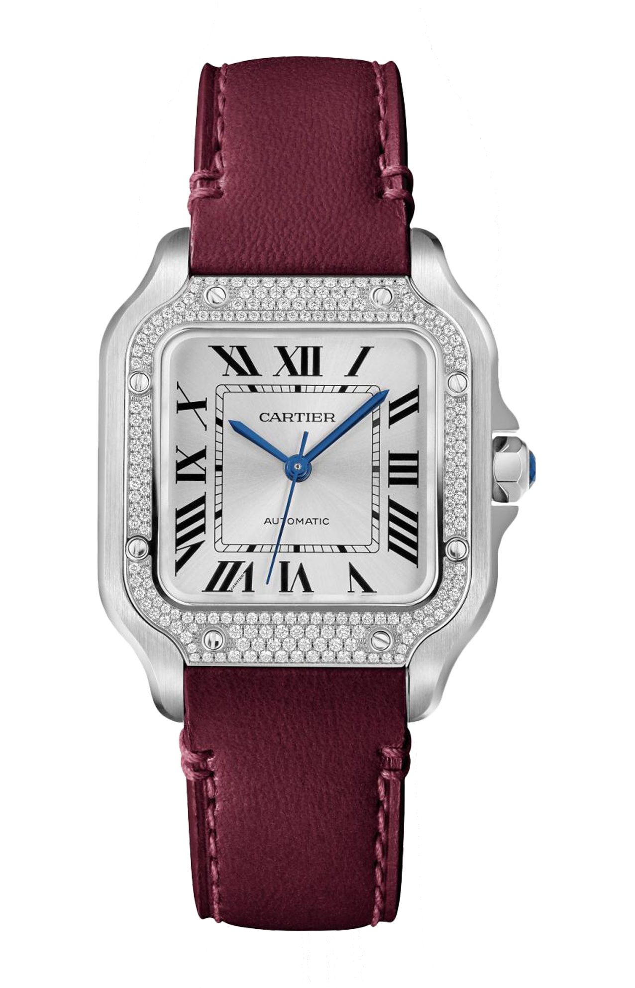 SANTOS DE CARTIER MODELLO MEDIO, AUTOMATICO, ACCIAIO, DIAMANTI, CINTURINO IN PELLE INTERCAMBIABILE - W4SA0005