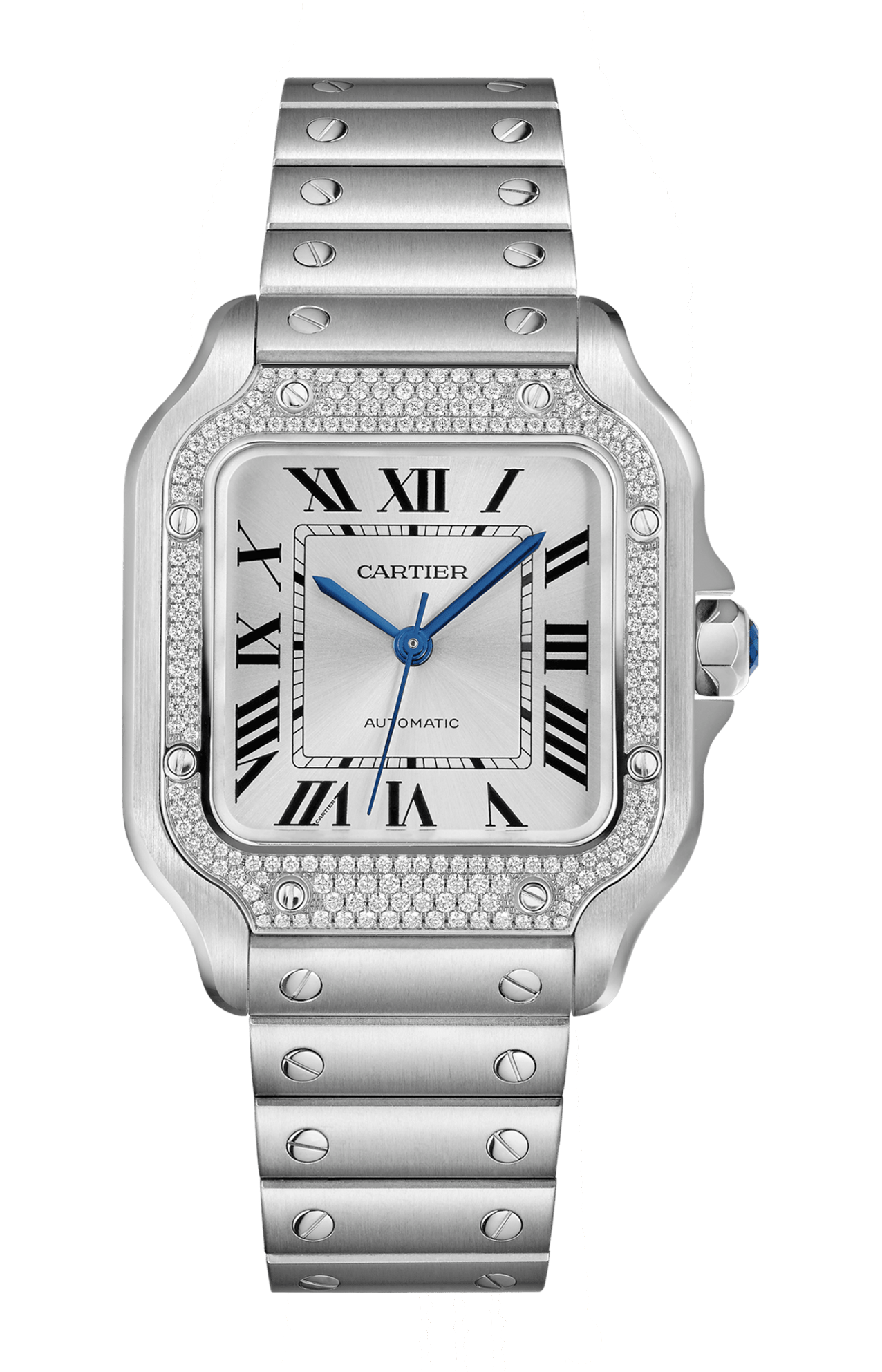 SANTOS DE CARTIER MODELLO MEDIO, AUTOMATICO, ACCIAIO, DIAMANTI, CINTURINO IN PELLE INTERCAMBIABILE - W4SA0005