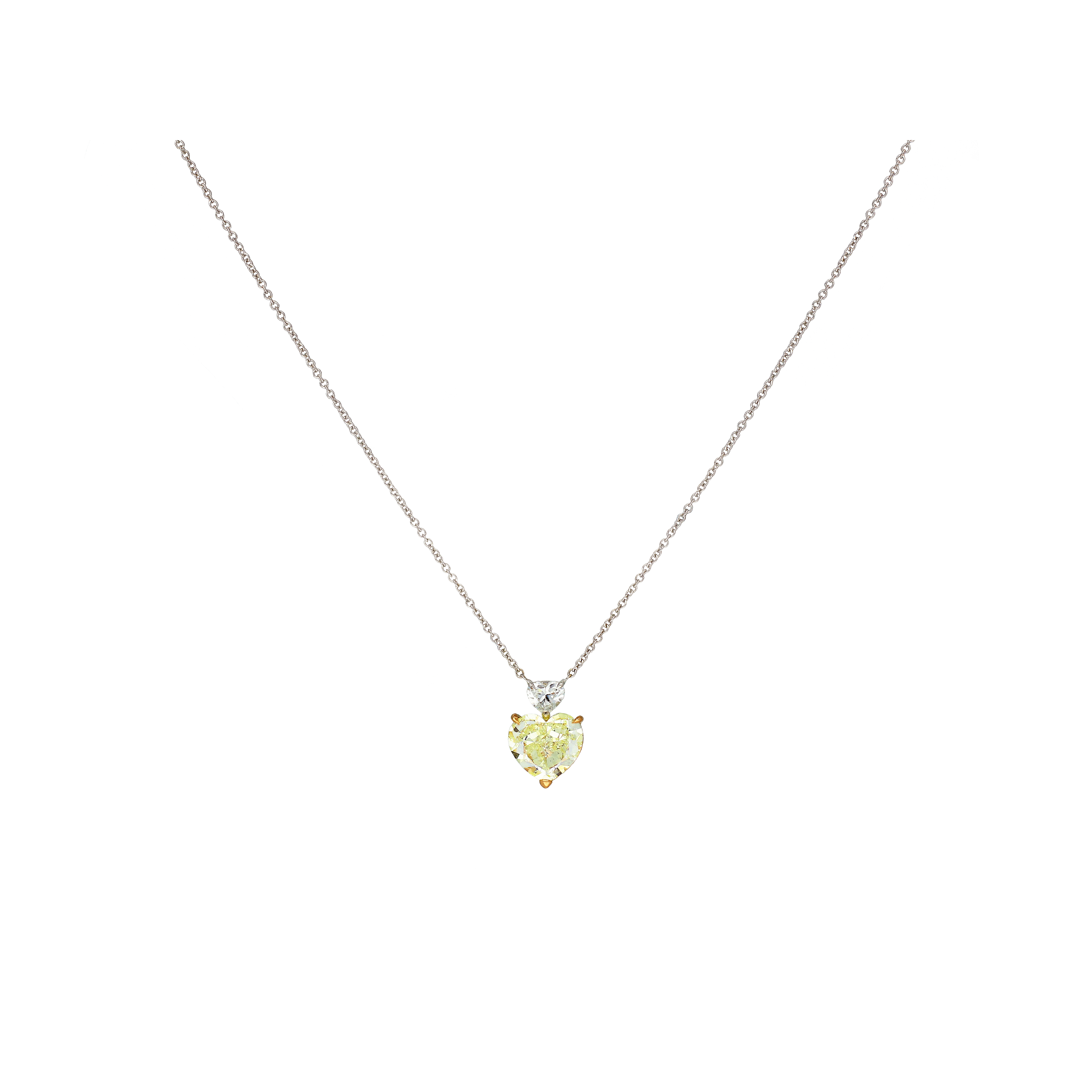 COLLANA IN ORO BIANCO CON DIAMANTE FANCY YELLOW TAGLIO CUORE E DIAMANTE BIANCO TAGLIO CUORE