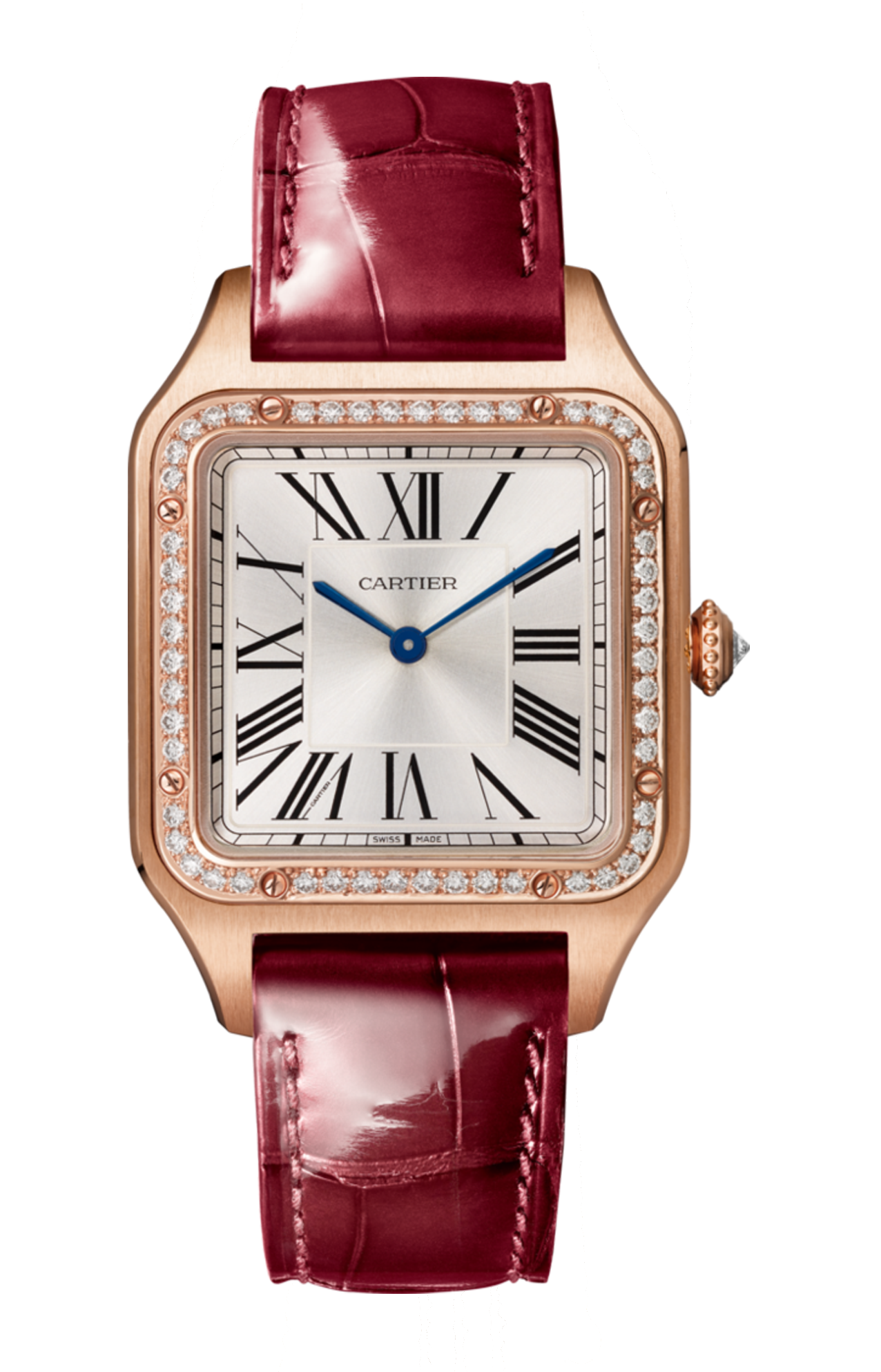 SANTOS-DUMONT MODELLO GRANDE, ORO ROSA, DIAMANTI, CINTURINO IN PELLE - WJSA0016