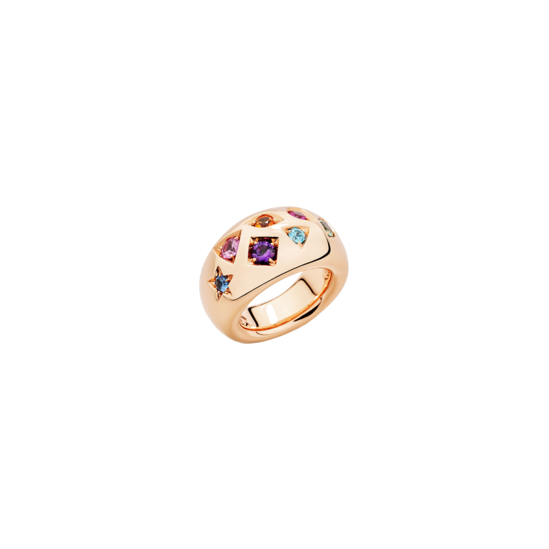Pomellato | ANELLO ICONICA A FASCIA BOMBATA IN ORO ROSA CON ZAFFIRI MULTICOLOR, RUBINO E AMETISTA - PAC5007O7000000VA (1)