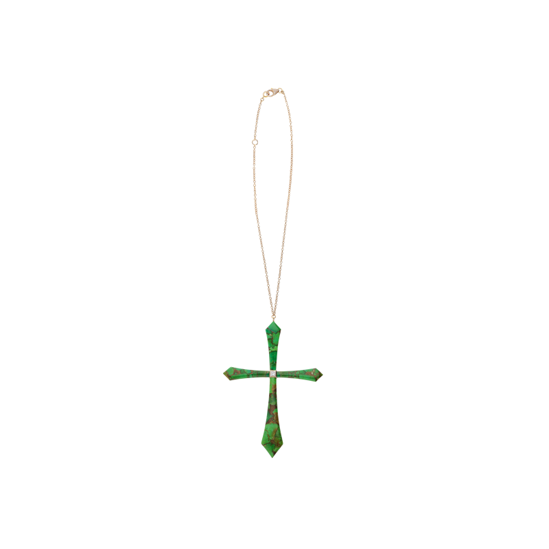 Bartorelli Italian Jewels | COLLANA CON CROCE PENDENTE BARTORELLI HIGH JEWELRY IN ORO ROSA CON TURCHESE VERDE, RAME E DIAMANTE CENTRALE, PAV&Eacute; DI DIAMANTI NELLA CHIUSURA - GC/EA-I/7B4D (1)
