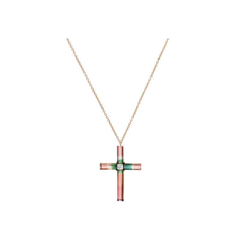 Bartorelli Italian Jewels | COLLANA CON CROCE PENDENTE IN ORO ROSA, DIAMANTE CENTRALE E TORMALINA SFUMATA - GC/I-V/9522 (1)