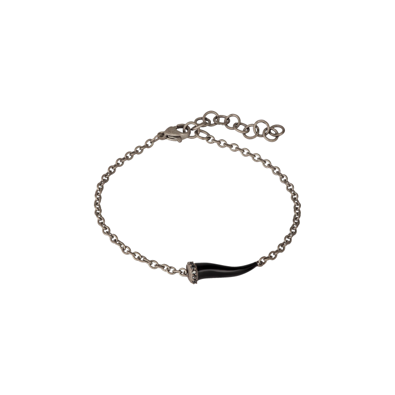 Mano | J . | BRACCIALE CHARMS UOMO LUCKY HORN CON CORNETTO SMALTATO NERO IN TITANIO, 5 BLACK E CATENA - CHBRT5BBRKSM_NERO (1)